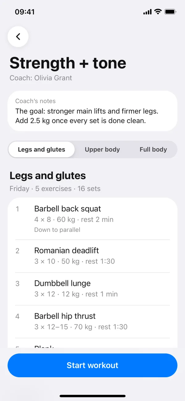 A workout program from the coach, by day with exercises, sets and weights